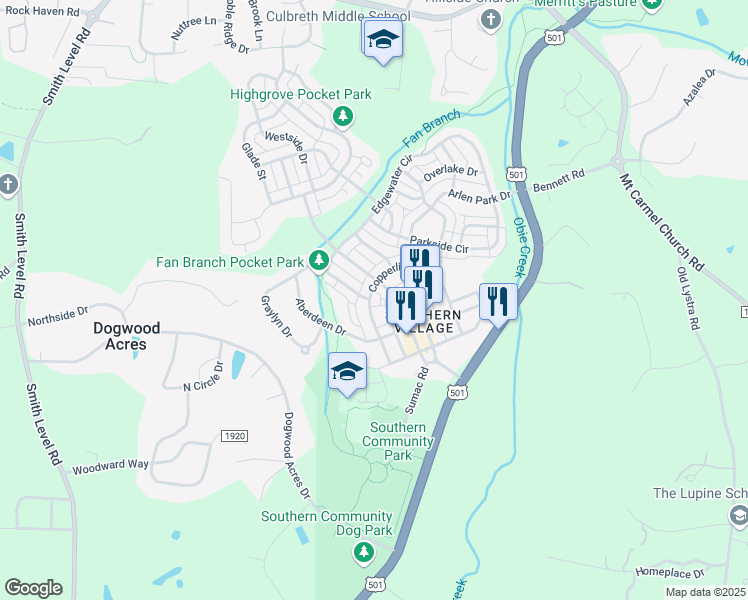 map of restaurants, bars, coffee shops, grocery stores, and more near 527 Copperline Drive in Chapel Hill