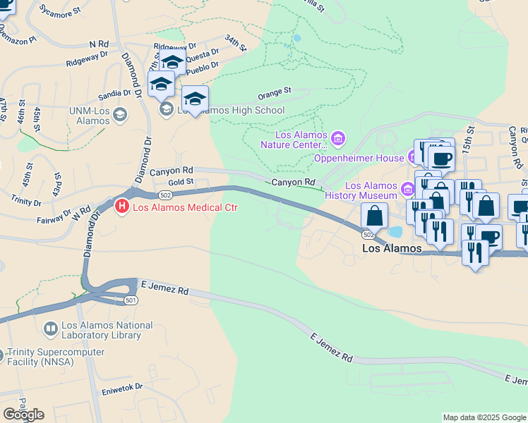 map of restaurants, bars, coffee shops, grocery stores, and more near 54 Canyon View in Los Alamos