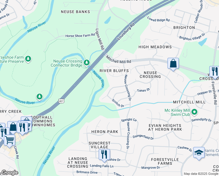 map of restaurants, bars, coffee shops, grocery stores, and more near 3417 Singleleaf Lane in Raleigh