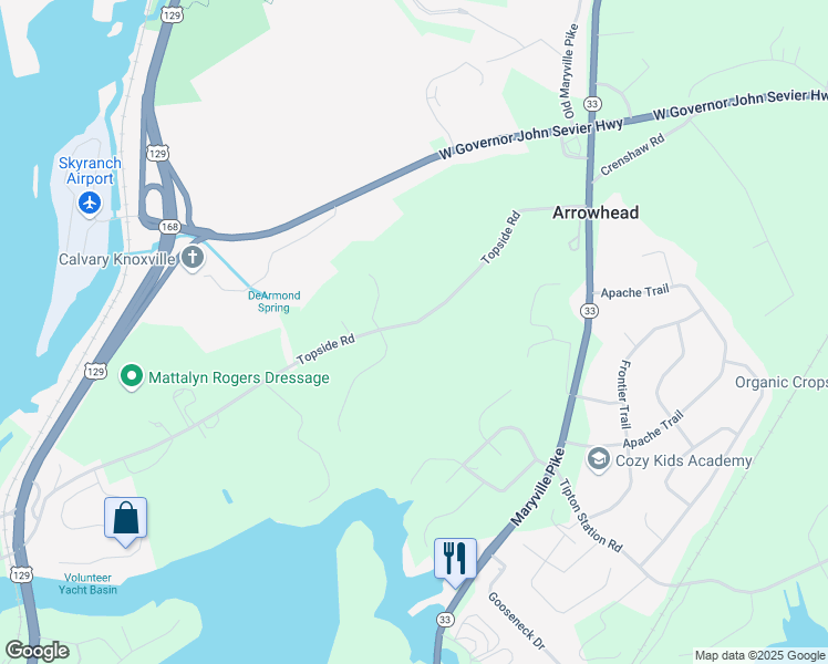 map of restaurants, bars, coffee shops, grocery stores, and more near 3342 Topside Road in Knoxville