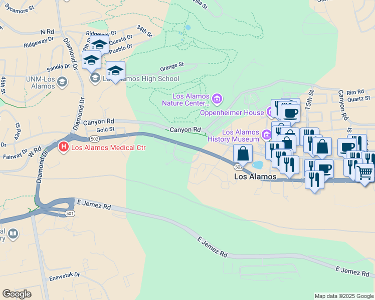 map of restaurants, bars, coffee shops, grocery stores, and more near 30 Timber Ridge Road in Los Alamos