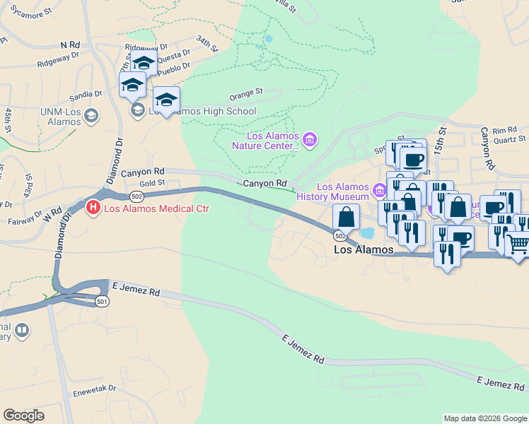 map of restaurants, bars, coffee shops, grocery stores, and more near 30 Timber Ridge Road in Los Alamos