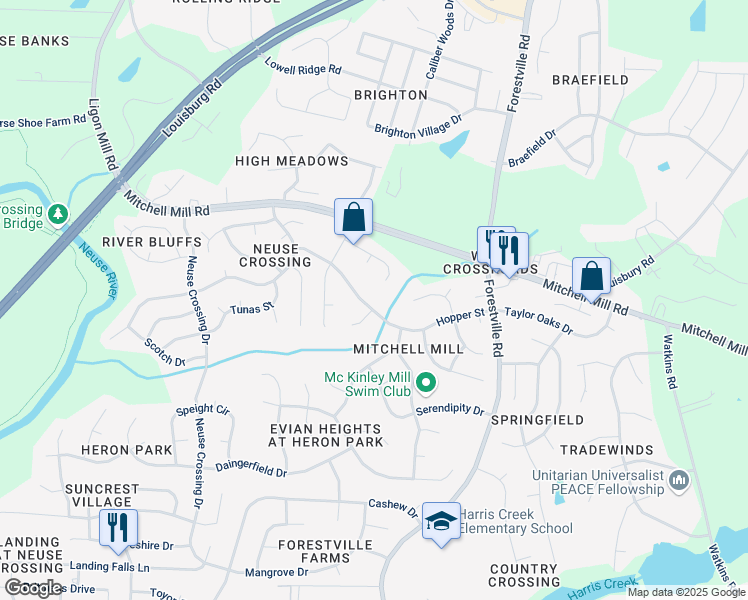 map of restaurants, bars, coffee shops, grocery stores, and more near 3823 Hopper Street in Raleigh