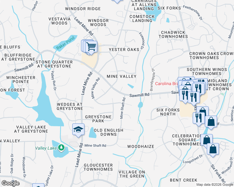 map of restaurants, bars, coffee shops, grocery stores, and more near 7608 Copper Mine Lane in Raleigh
