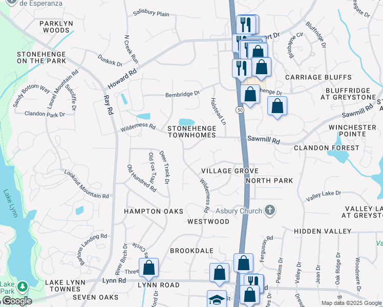 map of restaurants, bars, coffee shops, grocery stores, and more near 7504 Wilderness Road in Raleigh