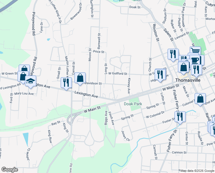 map of restaurants, bars, coffee shops, grocery stores, and more near 409 Davidson Street in Thomasville