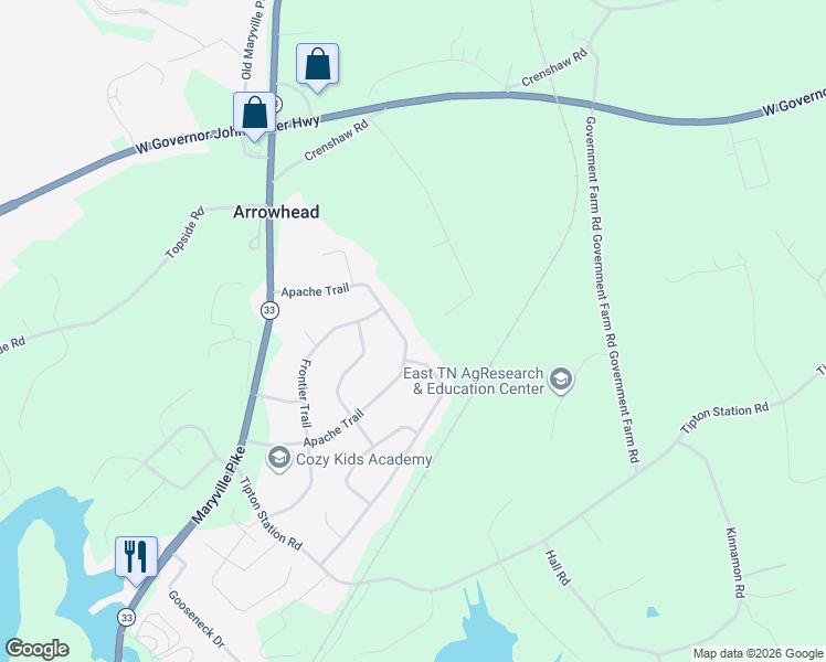 map of restaurants, bars, coffee shops, grocery stores, and more near 6132 Apache Trail in Knoxville