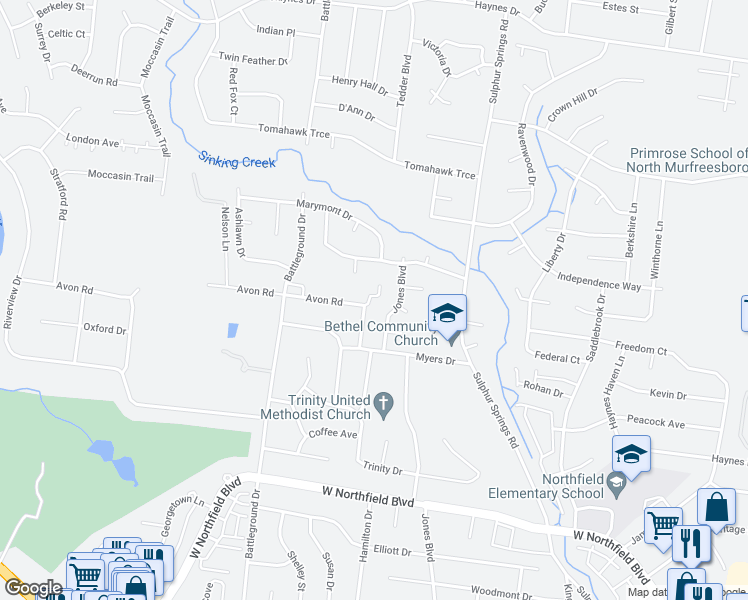 map of restaurants, bars, coffee shops, grocery stores, and more near 2425 Jones Boulevard in Murfreesboro