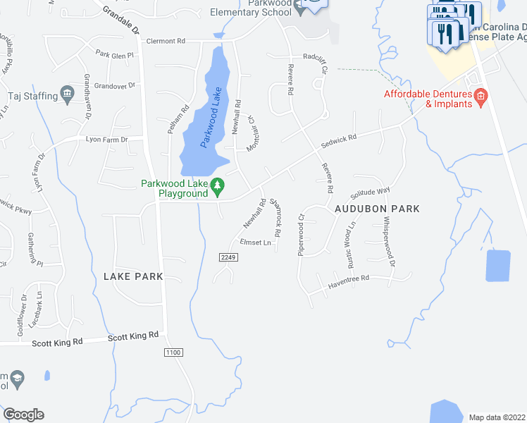 map of restaurants, bars, coffee shops, grocery stores, and more near 5805 Newhall Road in Durham