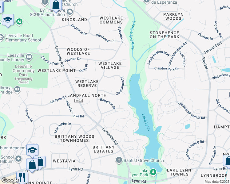 map of restaurants, bars, coffee shops, grocery stores, and more near 7505 Glenharden Drive in Raleigh