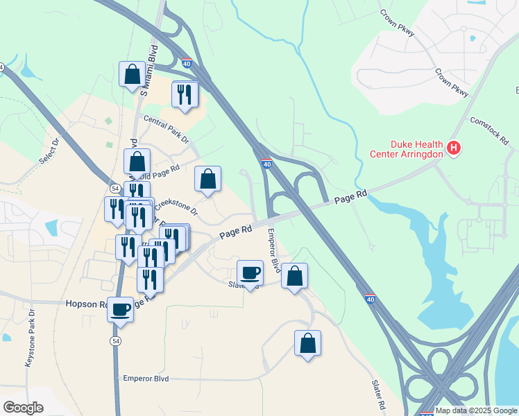 map of restaurants, bars, coffee shops, grocery stores, and more near 5208 Page Road in Durham