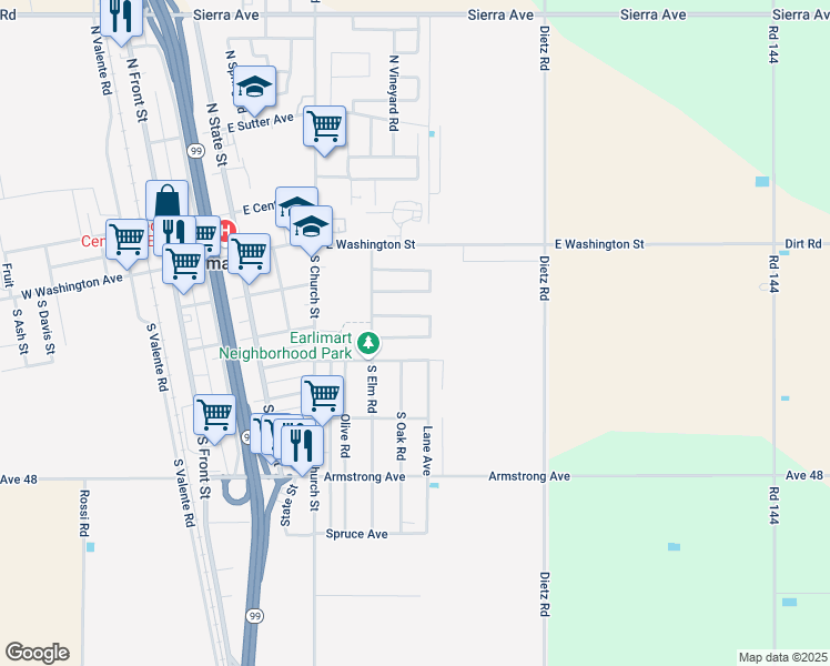 map of restaurants, bars, coffee shops, grocery stores, and more near 1175 East Franklin Avenue in Earlimart