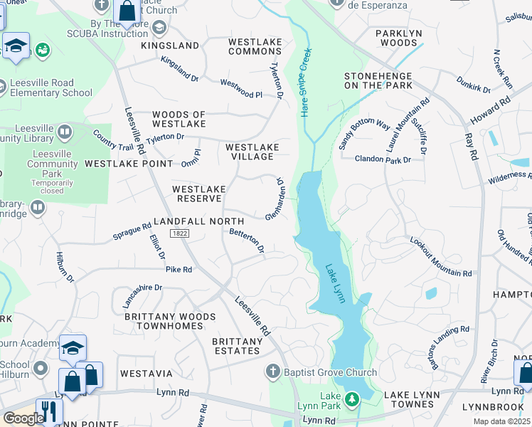 map of restaurants, bars, coffee shops, grocery stores, and more near 7505 Glenharden Drive in Raleigh