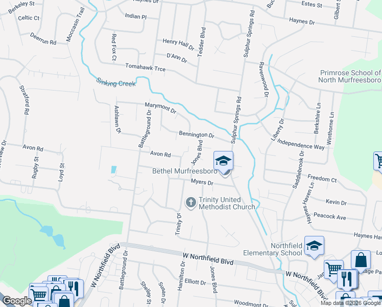 map of restaurants, bars, coffee shops, grocery stores, and more near 2436 Tinnell Court in Murfreesboro