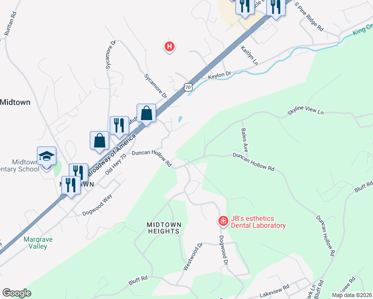 map of restaurants, bars, coffee shops, grocery stores, and more near 239 Duncan Hollow Road in Harriman