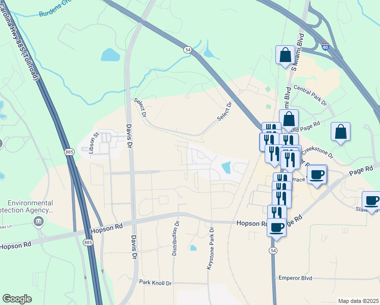 map of restaurants, bars, coffee shops, grocery stores, and more near 5427 Talley Street in Durham