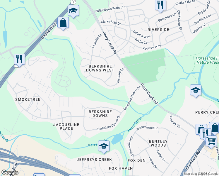 map of restaurants, bars, coffee shops, grocery stores, and more near 8021 McGuire Drive in Raleigh