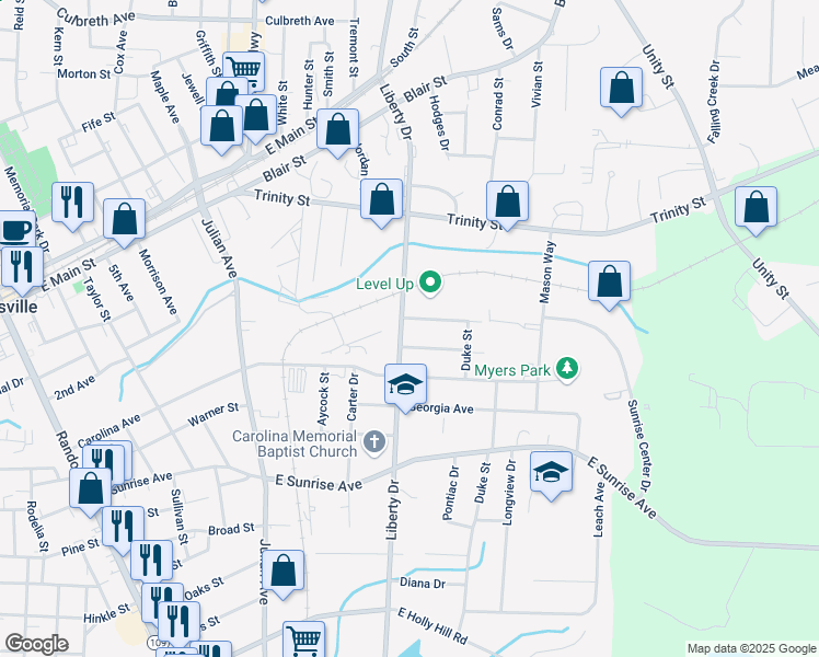 map of restaurants, bars, coffee shops, grocery stores, and more near 209 Liberty Drive in Thomasville