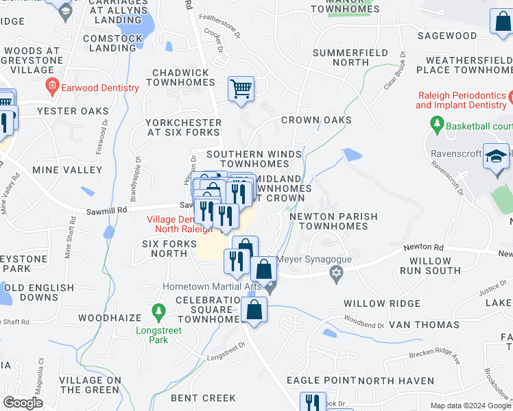 map of restaurants, bars, coffee shops, grocery stores, and more near 7711 Bernadette Lane in Raleigh