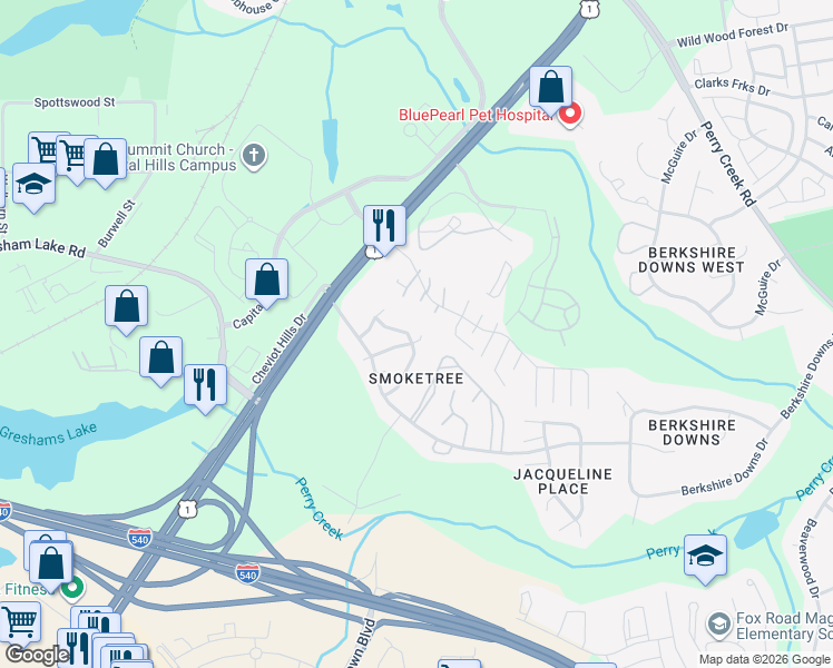 map of restaurants, bars, coffee shops, grocery stores, and more near 7324 North Thorncliff Place in Raleigh