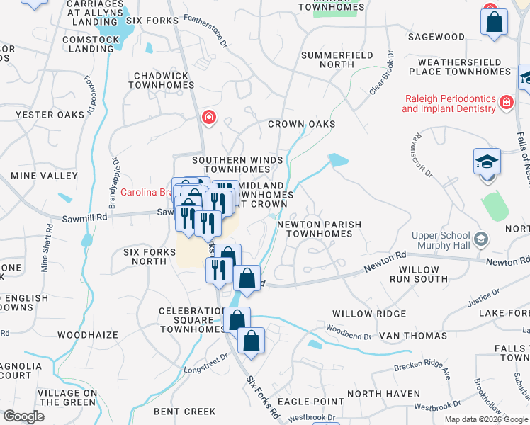 map of restaurants, bars, coffee shops, grocery stores, and more near 7251 Sandy Creek Drive in Raleigh