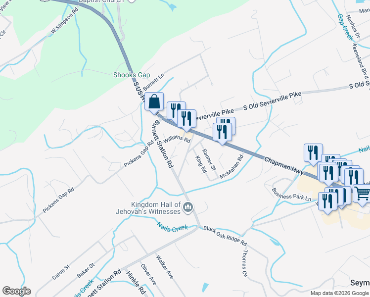 map of restaurants, bars, coffee shops, grocery stores, and more near 206 Huskey Valley Road in Seymour