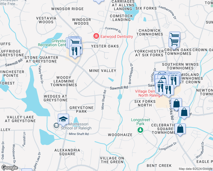 map of restaurants, bars, coffee shops, grocery stores, and more near 520 Sawmill Road in Raleigh