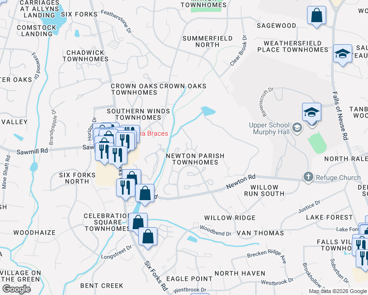 map of restaurants, bars, coffee shops, grocery stores, and more near 7331 Sweet Bay Lane in Raleigh