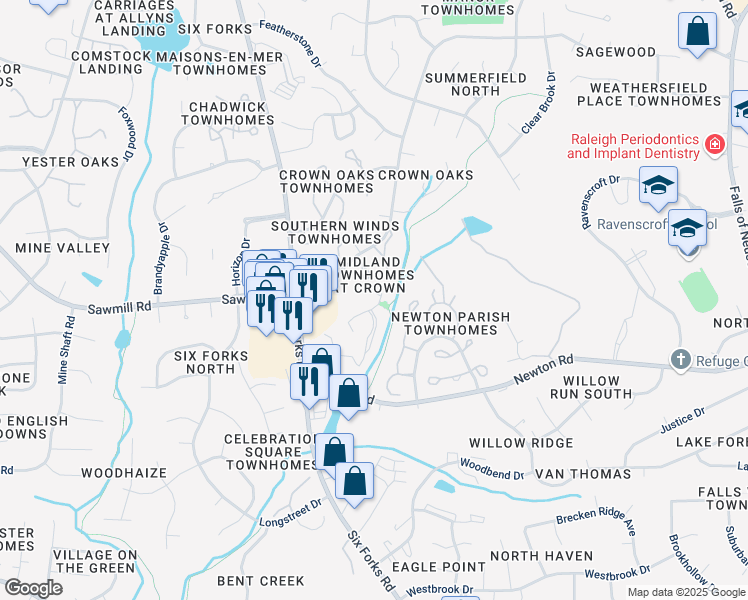 map of restaurants, bars, coffee shops, grocery stores, and more near 7251 Sandy Creek Drive in Raleigh
