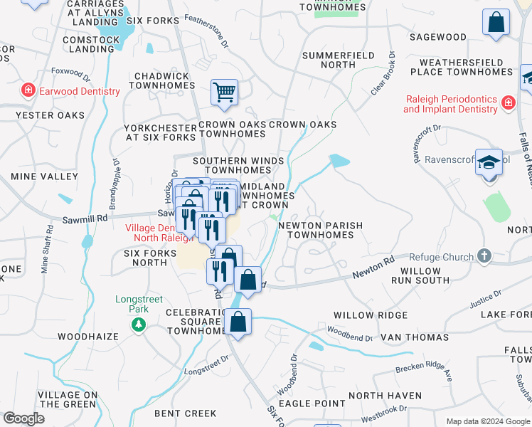 map of restaurants, bars, coffee shops, grocery stores, and more near 7327 Sandy Creek Drive in Raleigh