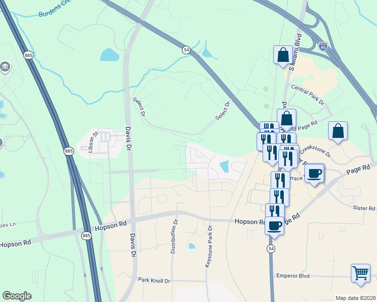 map of restaurants, bars, coffee shops, grocery stores, and more near 5427 Talley Street in Durham