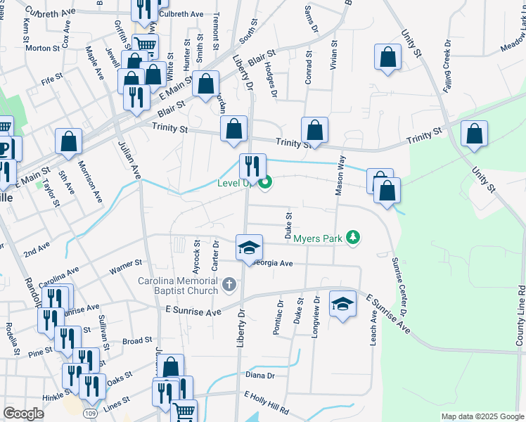 map of restaurants, bars, coffee shops, grocery stores, and more near 209 Liberty Drive in Thomasville