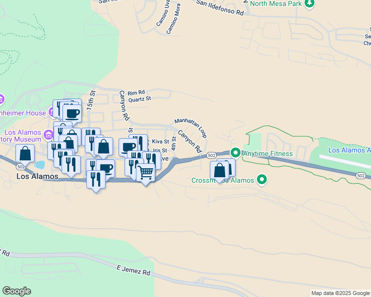 map of restaurants, bars, coffee shops, grocery stores, and more near 1100 Central Avenue in Los Alamos
