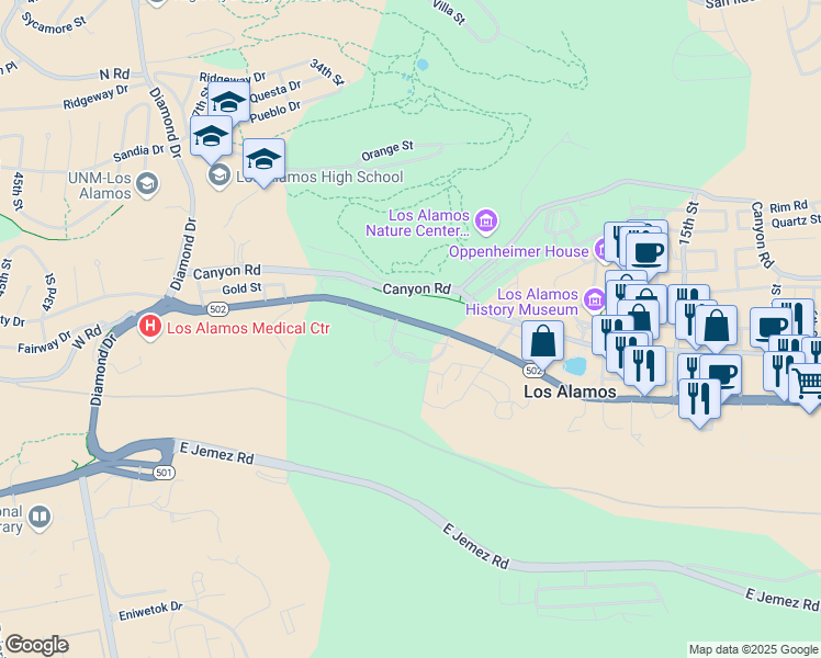 map of restaurants, bars, coffee shops, grocery stores, and more near 30 Timber Ridge Road in Los Alamos