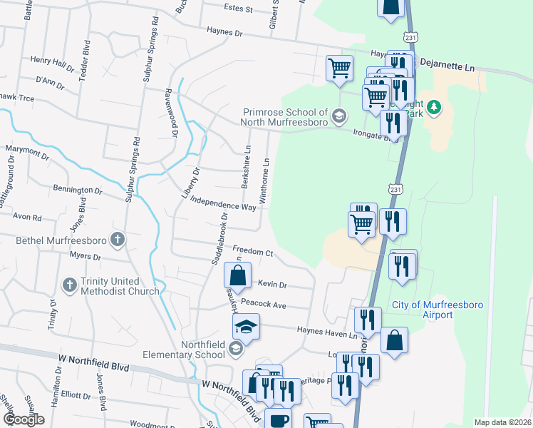 map of restaurants, bars, coffee shops, grocery stores, and more near 2104 Winthorne Lane in Murfreesboro