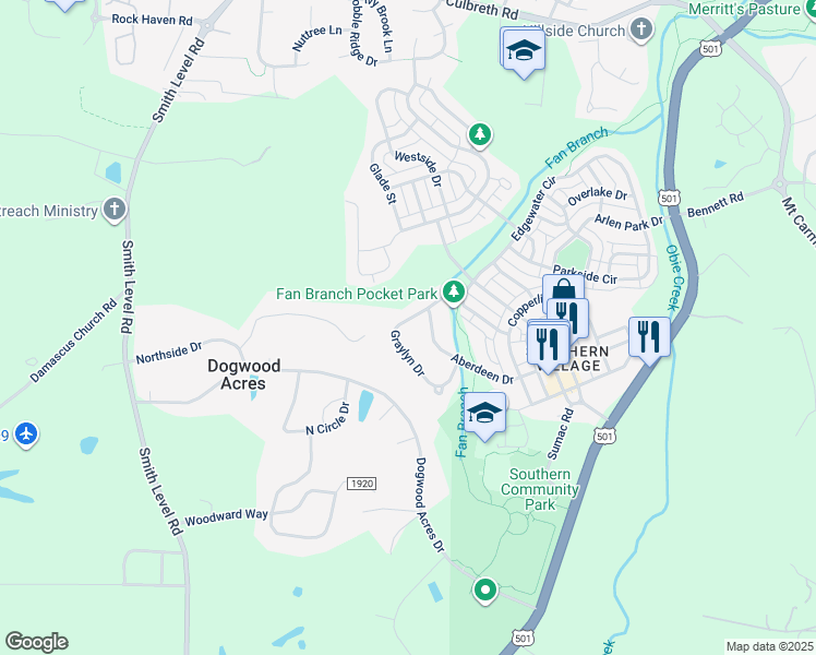 map of restaurants, bars, coffee shops, grocery stores, and more near 124 Graylyn Drive in Chapel Hill