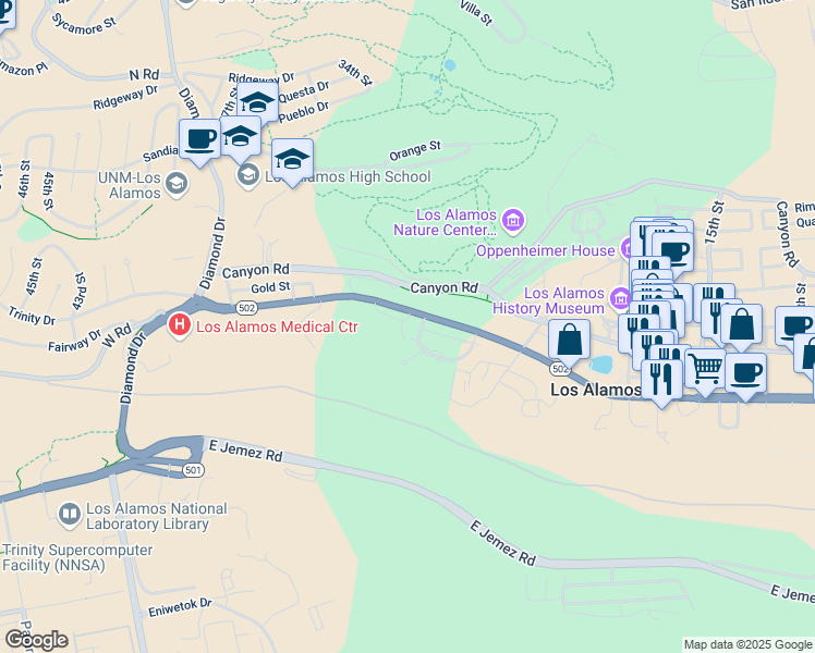 map of restaurants, bars, coffee shops, grocery stores, and more near 54 Canyon View in Los Alamos