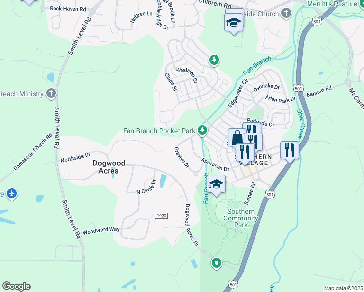 map of restaurants, bars, coffee shops, grocery stores, and more near 124 Graylyn Drive in Chapel Hill
