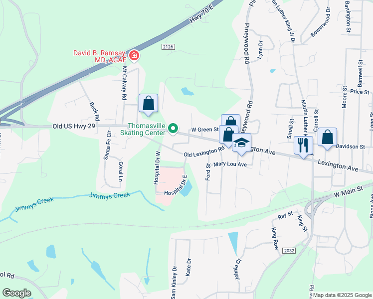 map of restaurants, bars, coffee shops, grocery stores, and more near 203 Old Lexington Road in Thomasville