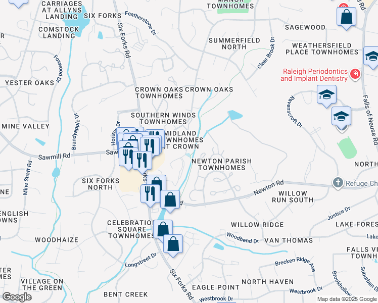 map of restaurants, bars, coffee shops, grocery stores, and more near 7408 Sandy Creek Drive in Raleigh