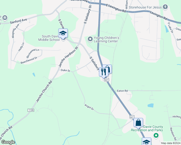 map of restaurants, bars, coffee shops, grocery stores, and more near Howard Street in Mocksville