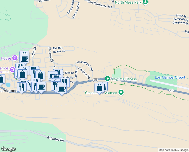 map of restaurants, bars, coffee shops, grocery stores, and more near 10 Arroyo Lane in Los Alamos