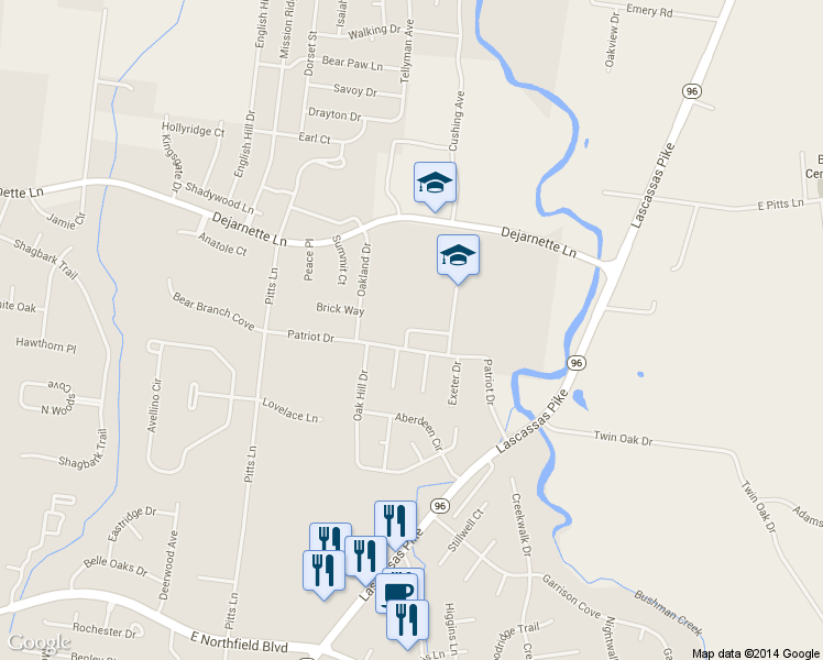 map of restaurants, bars, coffee shops, grocery stores, and more near Oakland High School in Murfreesboro