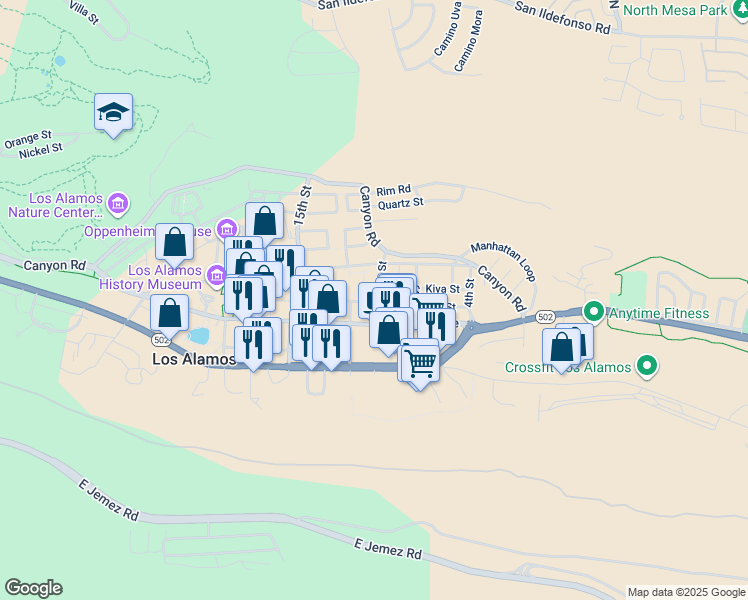 map of restaurants, bars, coffee shops, grocery stores, and more near 1000 Central Avenue in Los Alamos