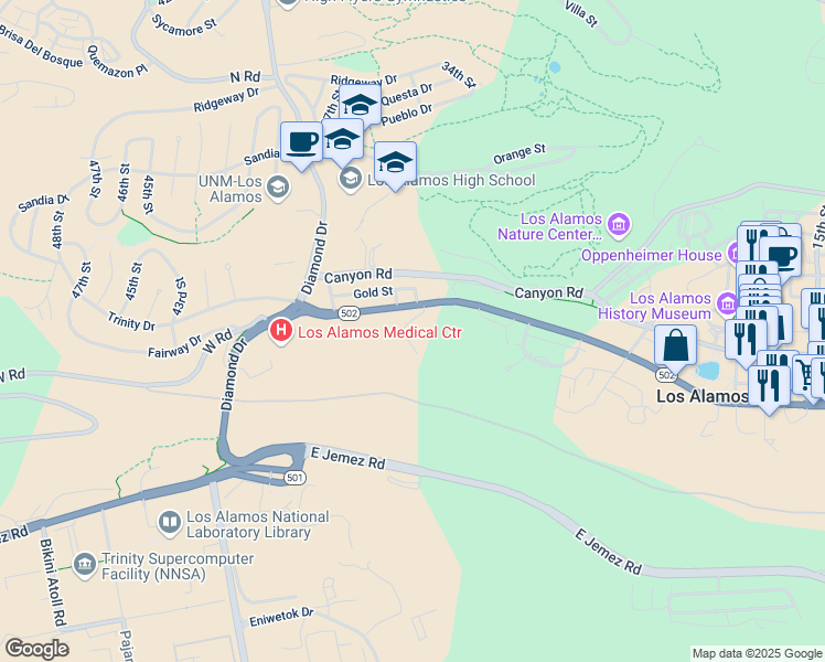 map of restaurants, bars, coffee shops, grocery stores, and more near 528 35th Street in Los Alamos