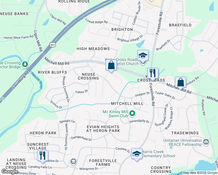 map of restaurants, bars, coffee shops, grocery stores, and more near 3609 Croydon Mill Way in Raleigh