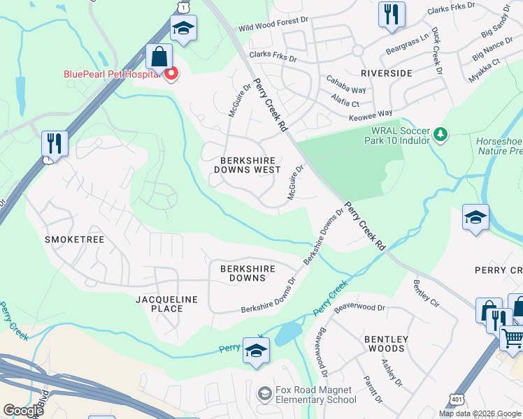 map of restaurants, bars, coffee shops, grocery stores, and more near 8021 McGuire Drive in Raleigh