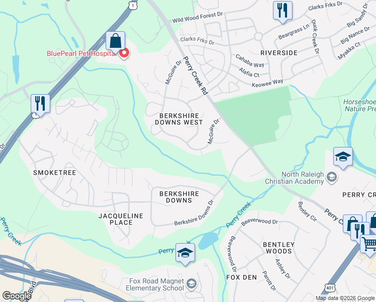 map of restaurants, bars, coffee shops, grocery stores, and more near 8021 McGuire Drive in Raleigh