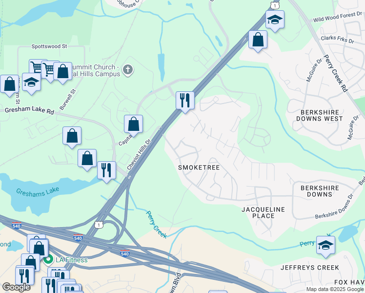 map of restaurants, bars, coffee shops, grocery stores, and more near 7301 North Thorncliff Place in Raleigh