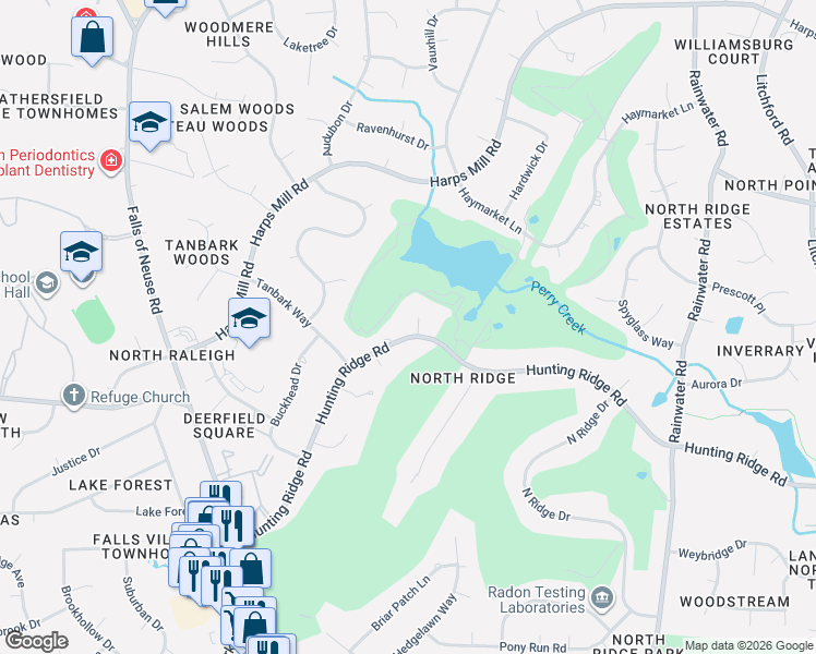 map of restaurants, bars, coffee shops, grocery stores, and more near 1416 Hunting Ridge Road in Raleigh